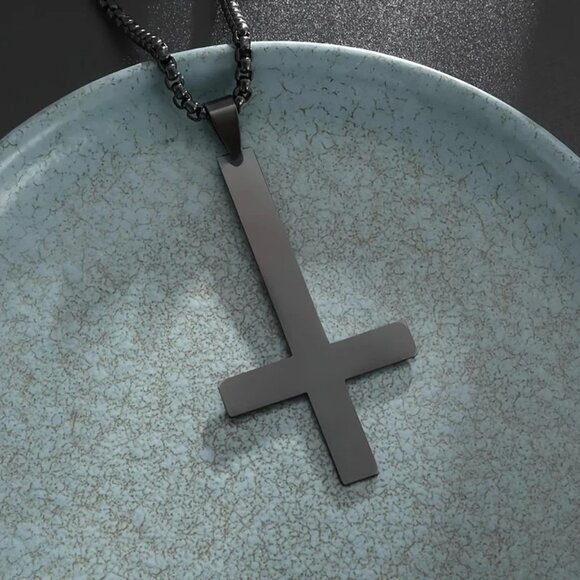 Black Saint Peter's Cross Necklace Inverted Stainless Steel Pendant Punk Goth - Picture 1 of 6
